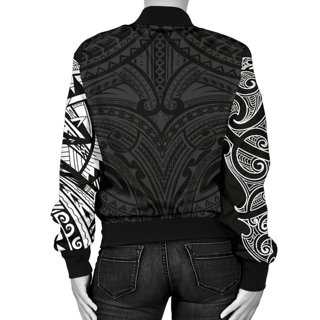 New Zealand Women's Bomber Jacket, Maori Polynesian Tattoo White - Vibe Hoodie Shop