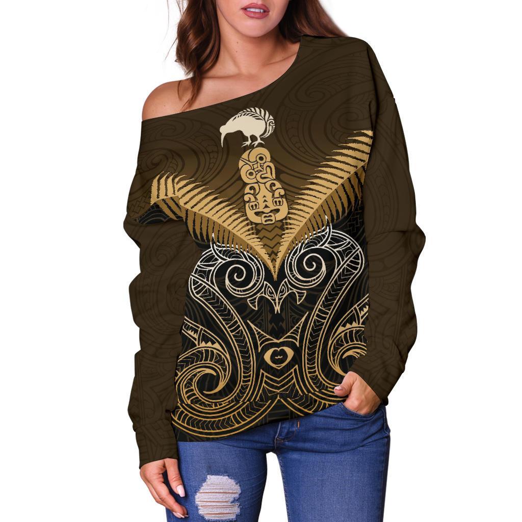 Maori Manaia New Zealand Off Shoulder Sweater Gold - Vibe Hoodie Shop