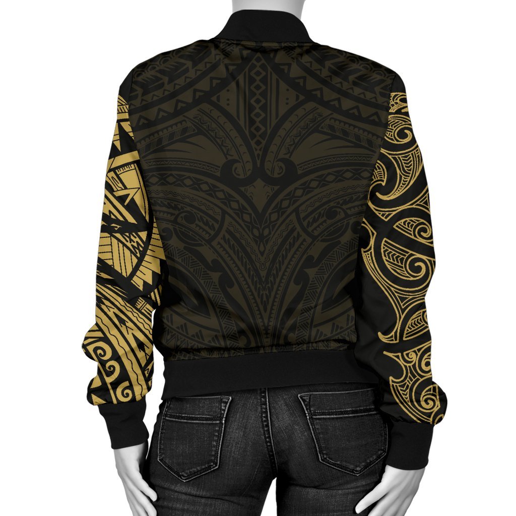 New Zealand Women's Bomber Jacket, Maori Polynesian Tattoo Gold - Vibe Hoodie Shop