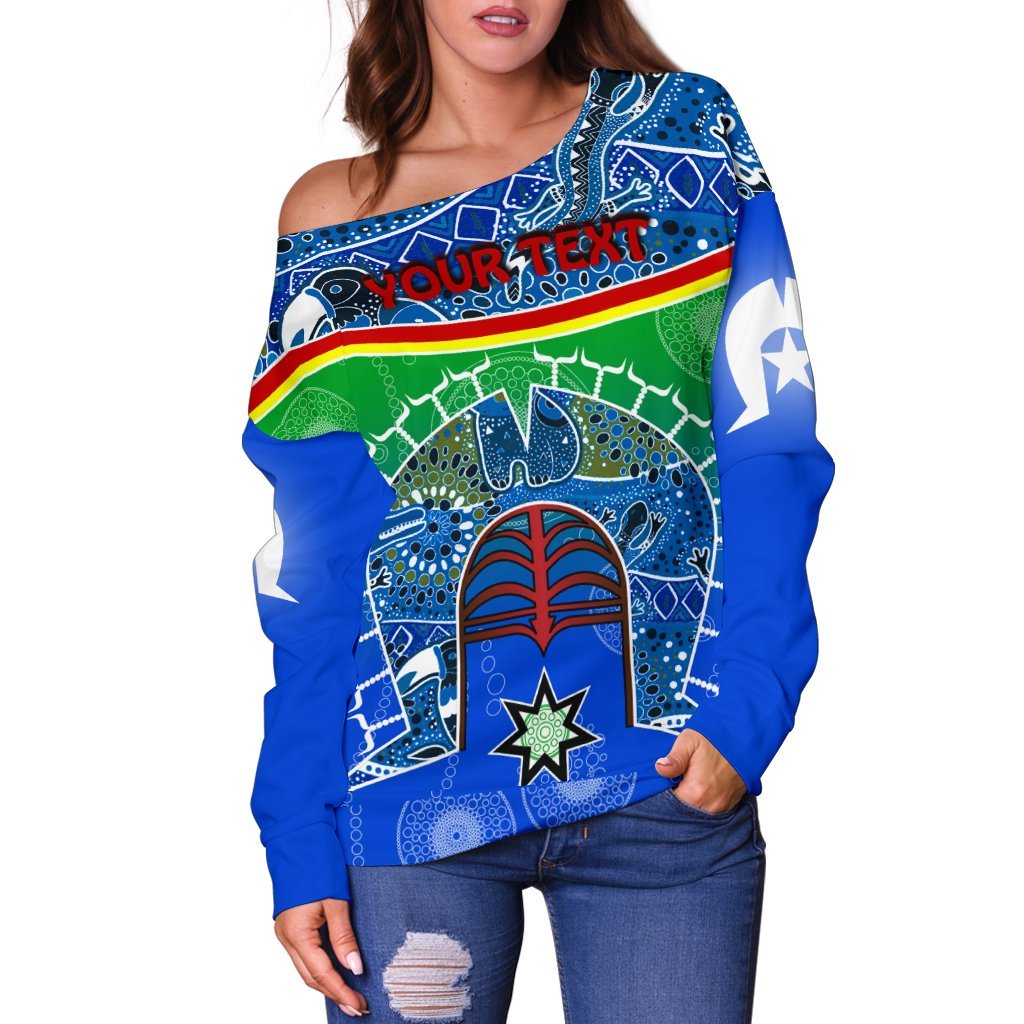 Personalised Women's Off Shoulder - Torres Strait Symbol With Aboriginal Patterns - Vibe Hoodie Shop