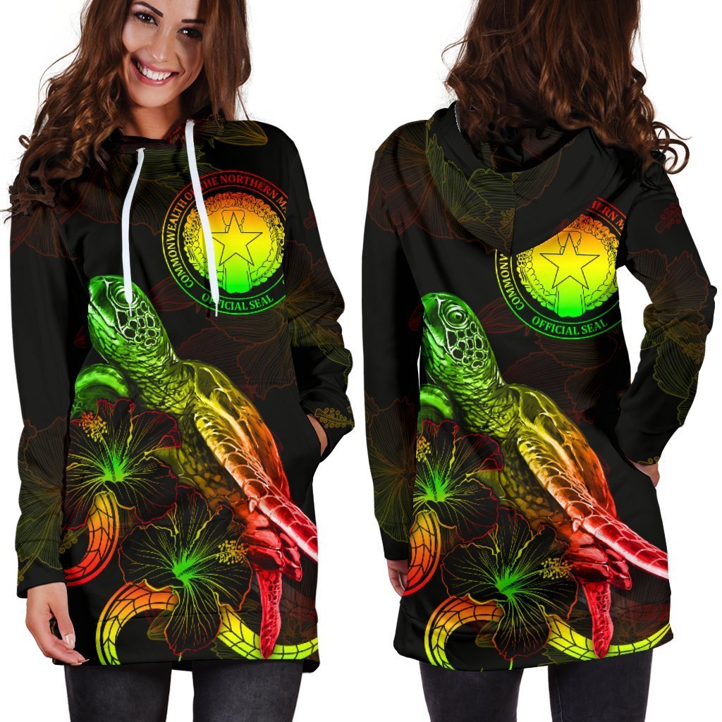 CNMI Polynesian Hoodie Dress - Turtle With Blooming Hibiscus Reggae - Vibe Hoodie Shop