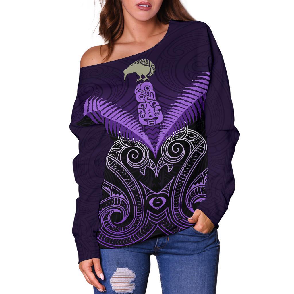 Maori Manaia New Zealand Off Shoulder Sweater Purple - Vibe Hoodie Shop