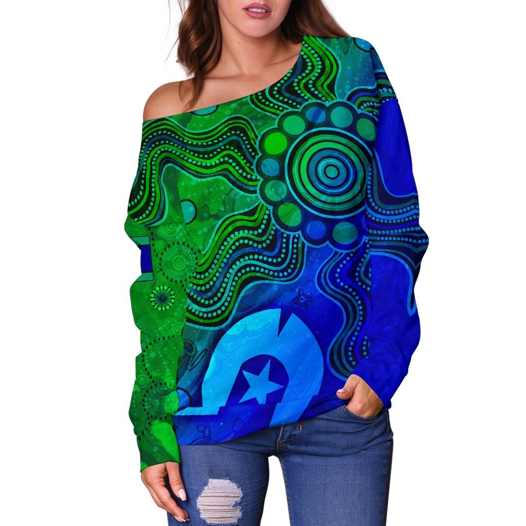 Aboriginal Women's Off Shoulder Sweater, Torres Strait Islands Flag - Vibe Hoodie Shop