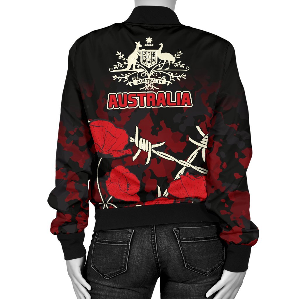 ANZAC Women's Bomber Jacket - ANZAC with Remembrance Poppy Flower - Vibe Hoodie Shop