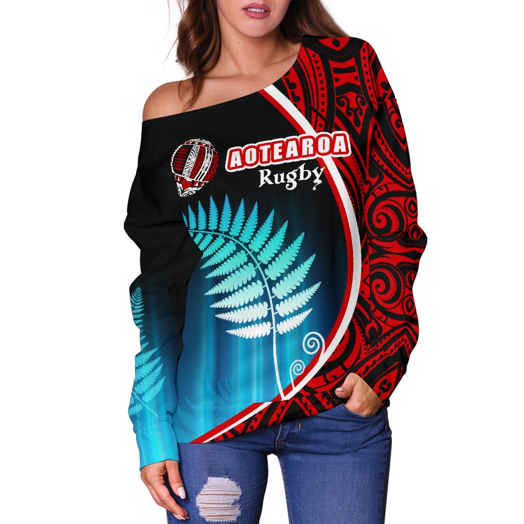 Aotearoa Rugby Black Maori Off Shoulder Sweater Kiwi and Silver Fern New Zealand - Vibe Hoodie Shop