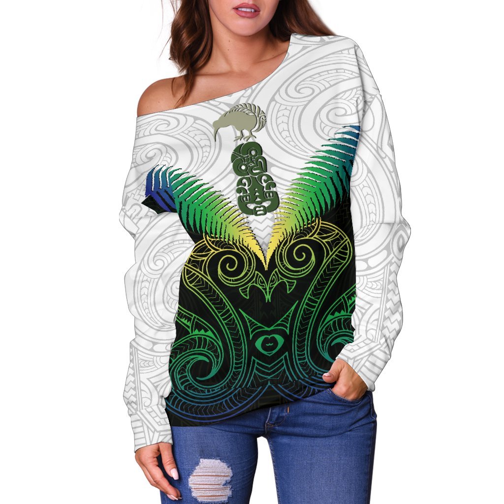 Maori Manaia New Zealand Women Off Shoulder Sweater Rasta - Vibe Hoodie Shop