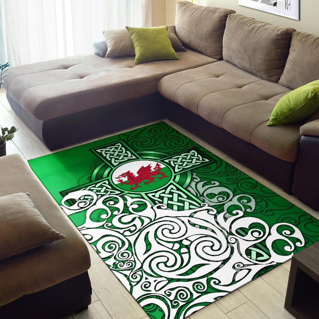 Wales Celtic Area Rug - Welsh Dragon Flag with Celtic Cross (Green) - Vibe Hoodie Shop