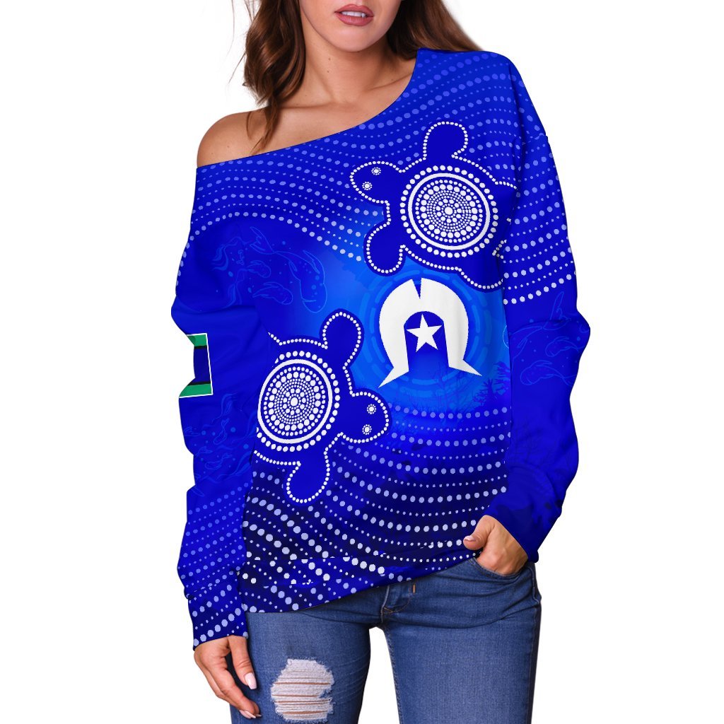 Torres Strait Islanders Women's Off Shoulder Sweater - Torres Symbol With Turtle - Vibe Hoodie Shop