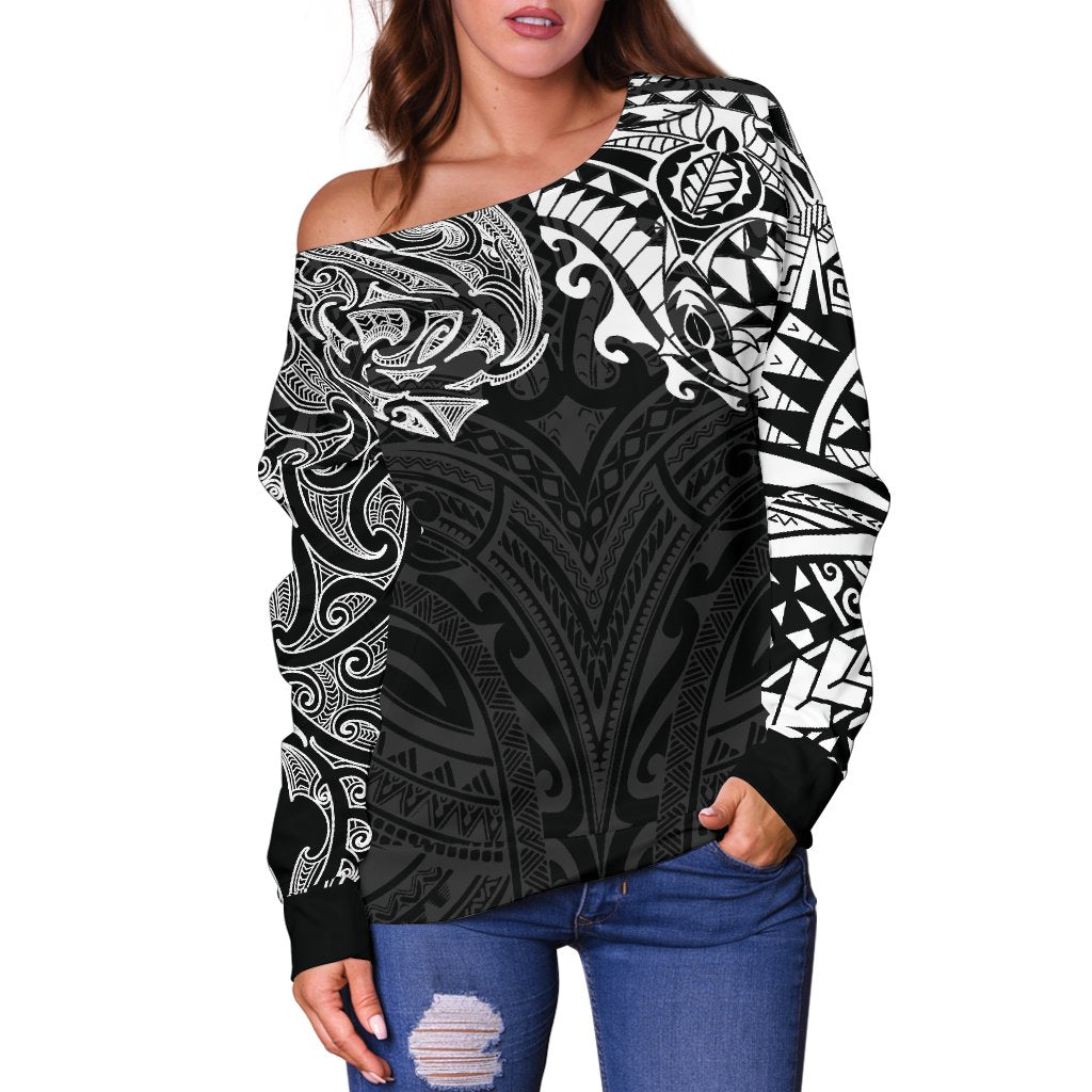 New Zealand Women's Off Shoulder Sweater, Maori Polynesian Tattoo White - Vibe Hoodie Shop