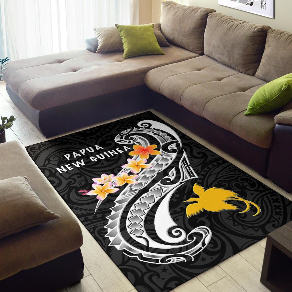 Papua New Guinea Area Rug - PNG Seal Polynesian Patterns Plumeria (Black) - Vibe Hoodie Shop