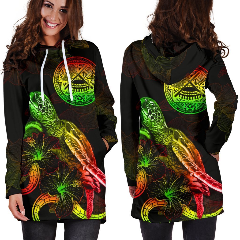 American Samoa Polynesian Hoodie Dress - Turtle With Blooming Hibiscus Reggae - Vibe Hoodie Shop