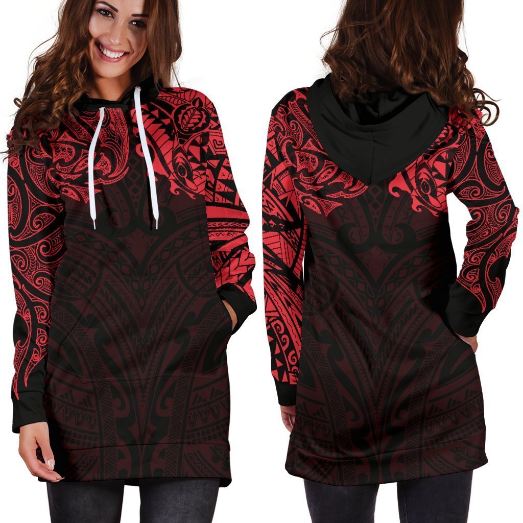 New Zealand Women's Hoodie Dress, Maori Polynesian Tattoo Red - Vibe Hoodie Shop