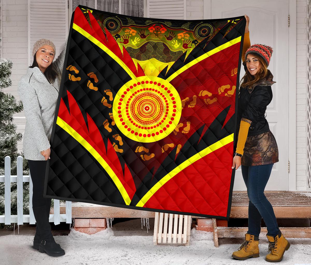 Aboriginal Premium Quilt - Indigenous Flag With Footprint Hand Art - Vibe Hoodie Shop