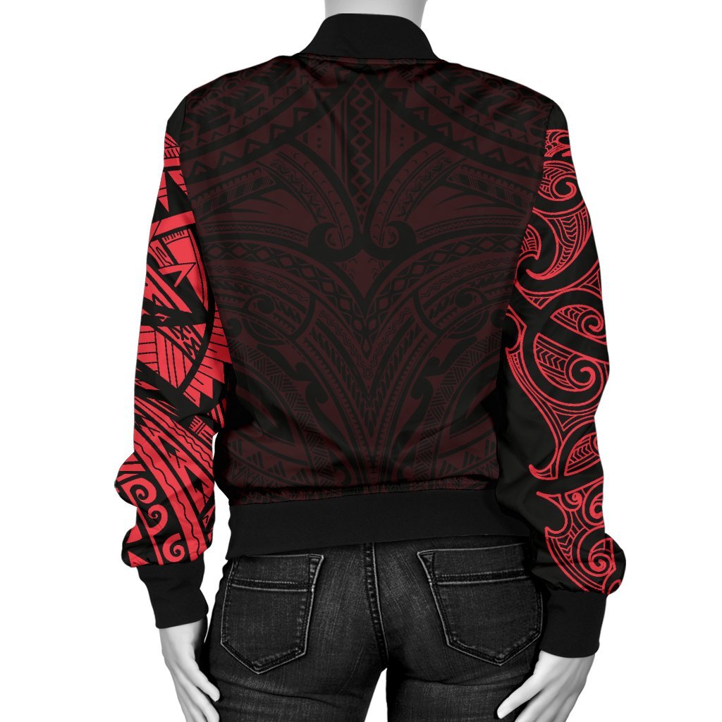 New Zealand Women's Bomber Jacket, Maori Polynesian Tattoo Red - Vibe Hoodie Shop