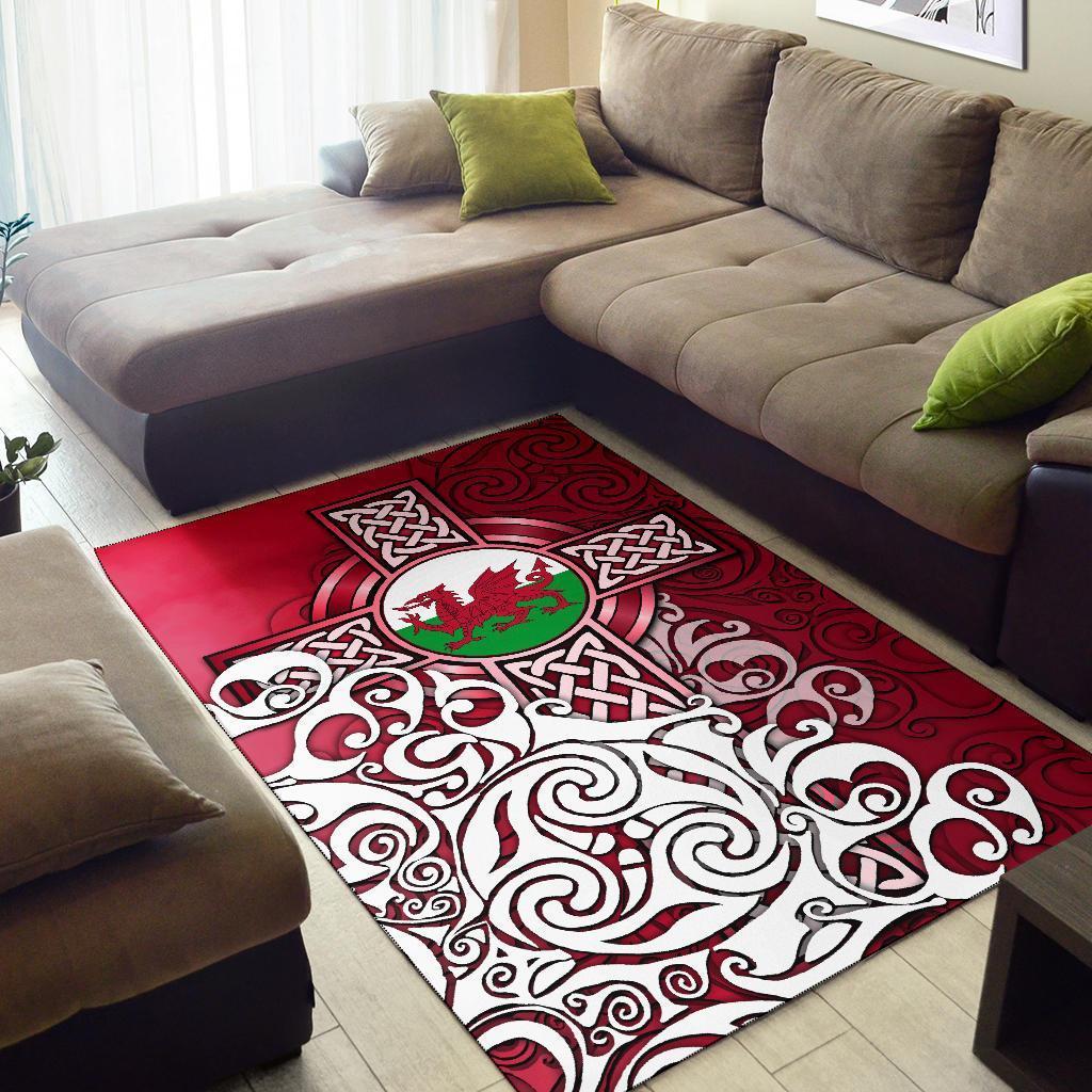 Wales Celtic Area Rug - Welsh Dragon Flag with Celtic Cross - Vibe Hoodie Shop