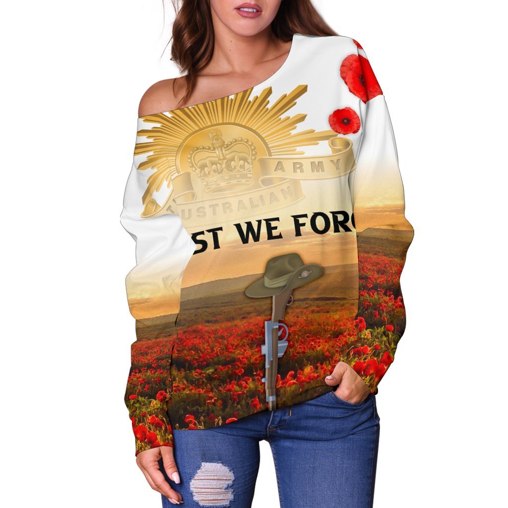 ANZAC Day 2021 Women's Off Shoulder Sweater - We Will Remember Them - Vibe Hoodie Shop