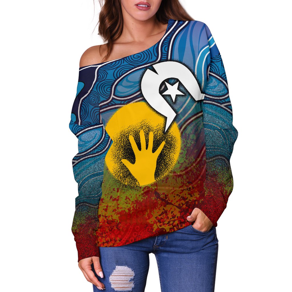 Aboriginal Women's Off Shoulder Sweater - Aboriginal and Torres Strait Islanders Flag - Vibe Hoodie Shop