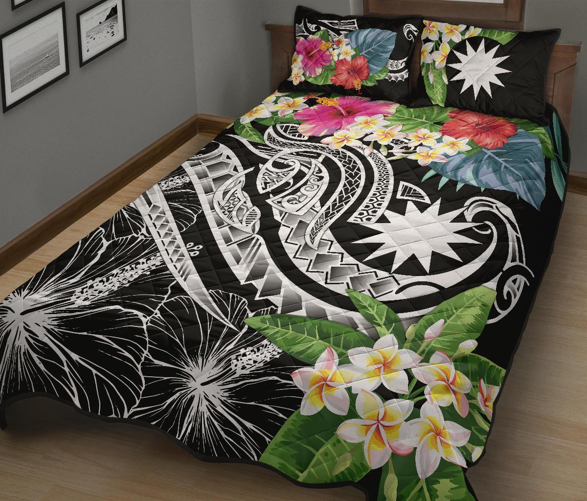 Nauru Polynesian Quilt Bed Set - Summer Plumeria (Black) - Vibe Hoodie Shop
