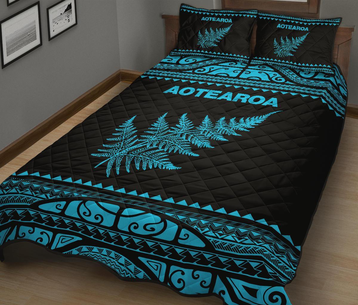 Aotearoa New Zealand Maori Quilt Bed Set Silver Fern Blue - Vibe Hoodie Shop