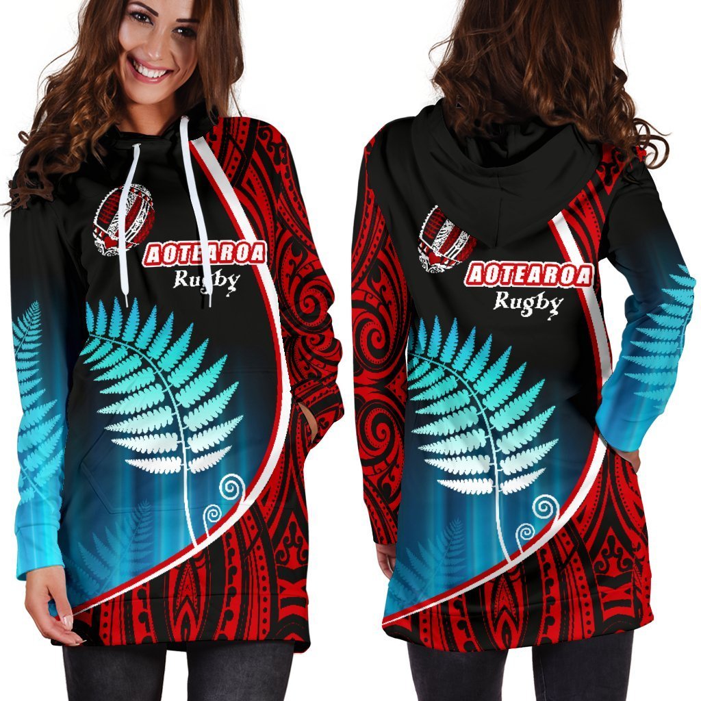 Aotearoa Rugby Black Maori Women Hoodie Dress Kiwi and Silver Fern New Zealand - Vibe Hoodie Shop