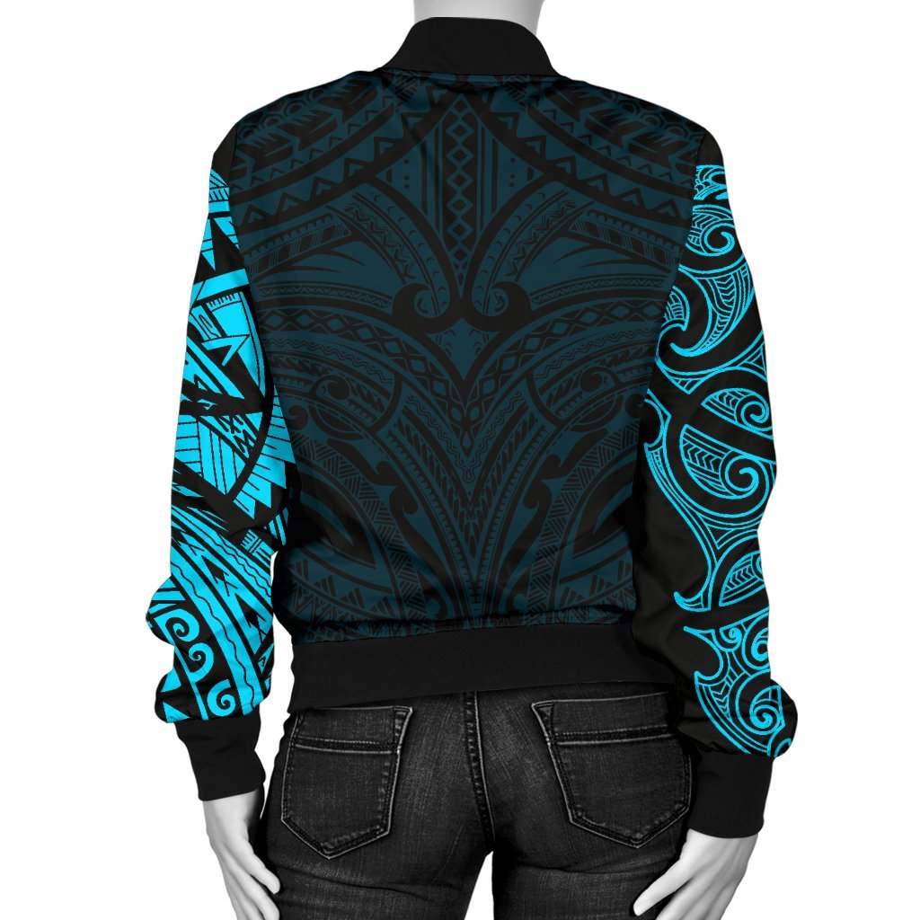 New Zealand Women's Bomber Jacket, Maori Polynesian Tattoo Blue - Vibe Hoodie Shop