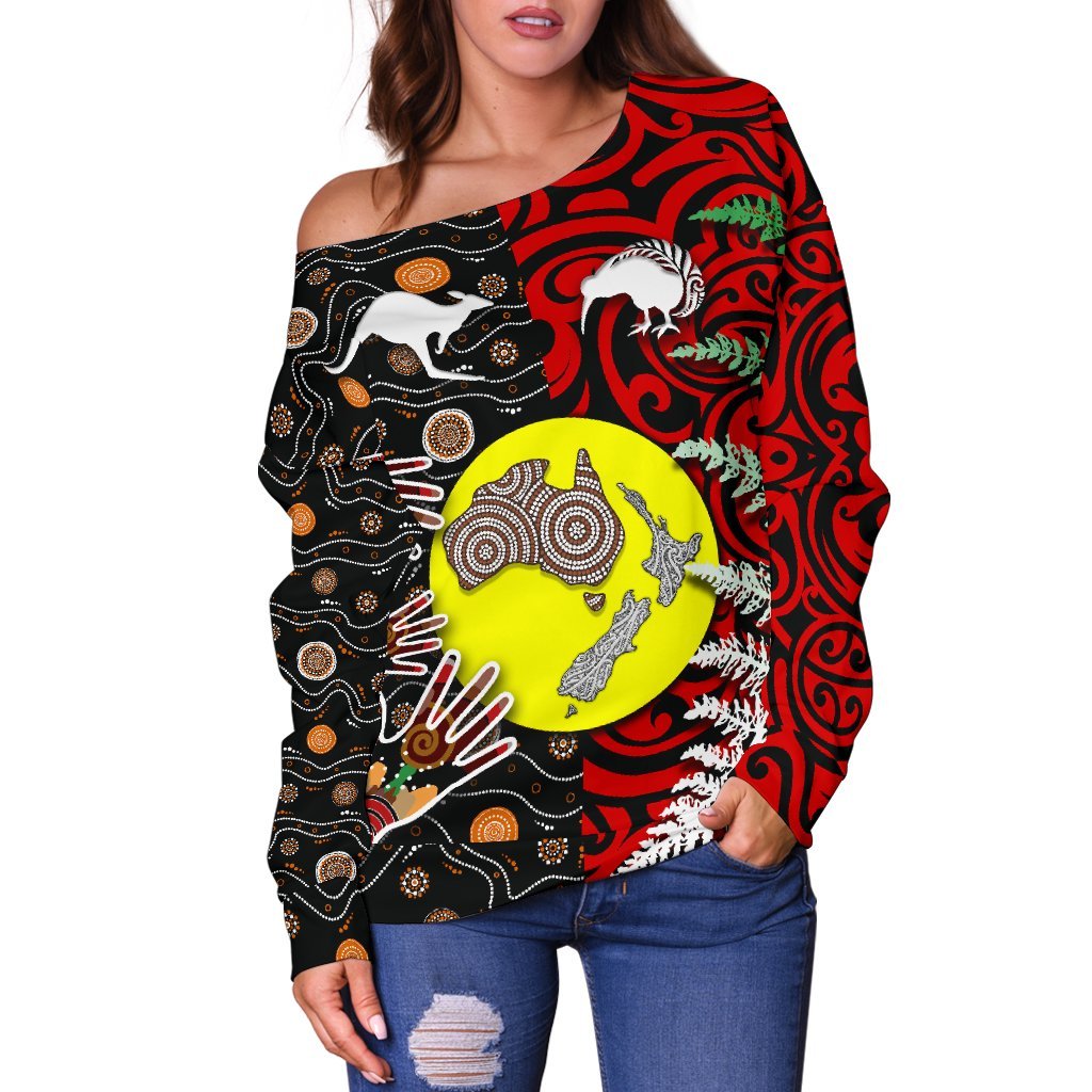 New Zealand Australia Off Shoulder Sweater - Maori Aboriginal - Vibe Hoodie Shop