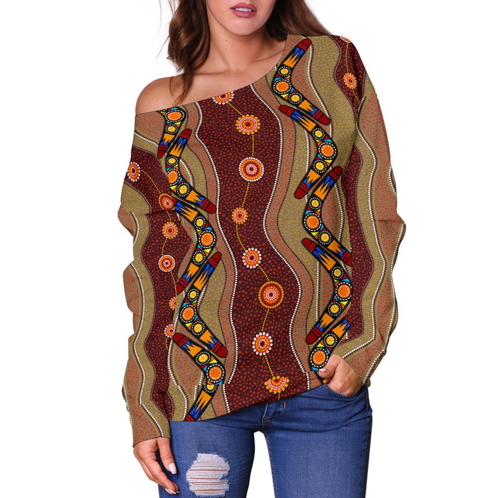 Off Shoulder Sweater - Aboriginal Sweater Boomerang Patterns - Vibe Hoodie Shop