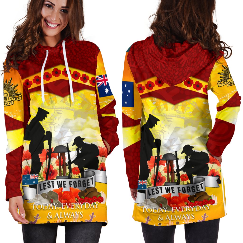 ANZAC Women's Hoodie Dress - Lest We Forget Aboriginal Version - Vibe Hoodie Shop