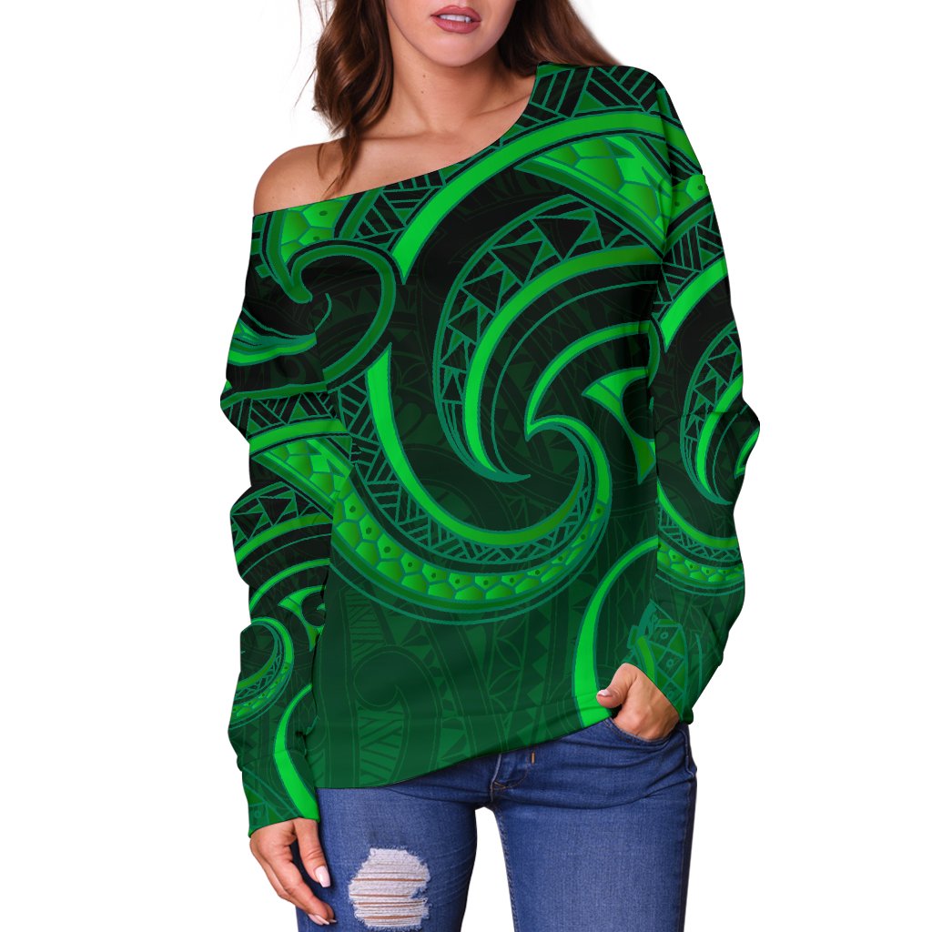 New Zealand Maori Mangopare Women Off Shoulder Sweater Polynesian - Green - Vibe Hoodie Shop