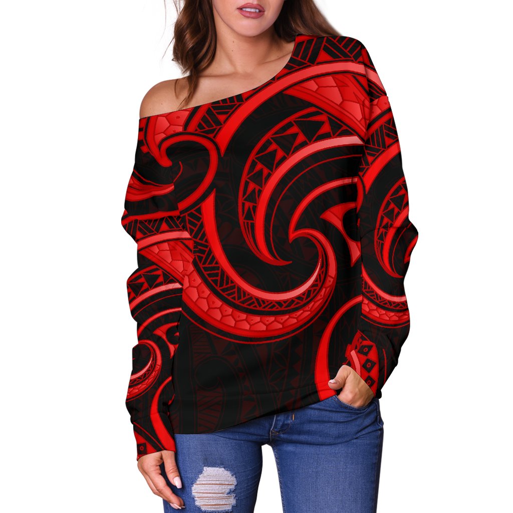 New Zealand Maori Mangopare Women Off Shoulder Sweater Polynesian - Red - Vibe Hoodie Shop