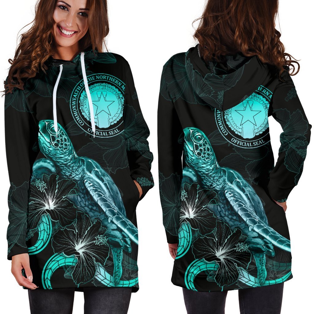 CNMI Polynesian Hoodie Dress - Turtle With Blooming Hibiscus Turquoise - Vibe Hoodie Shop