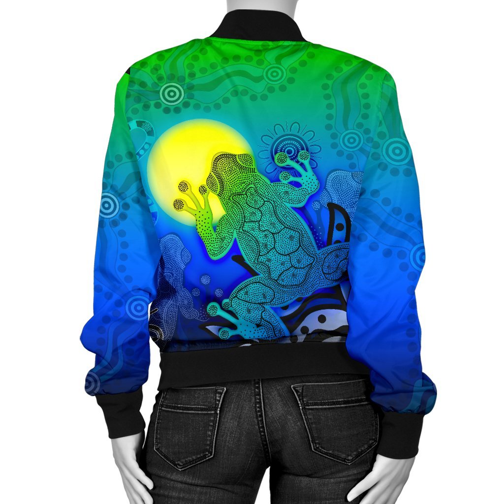 Custom Aboriginal Women's Bomber Jacket - Indigenous Frog (Blue) - Vibe Hoodie Shop
