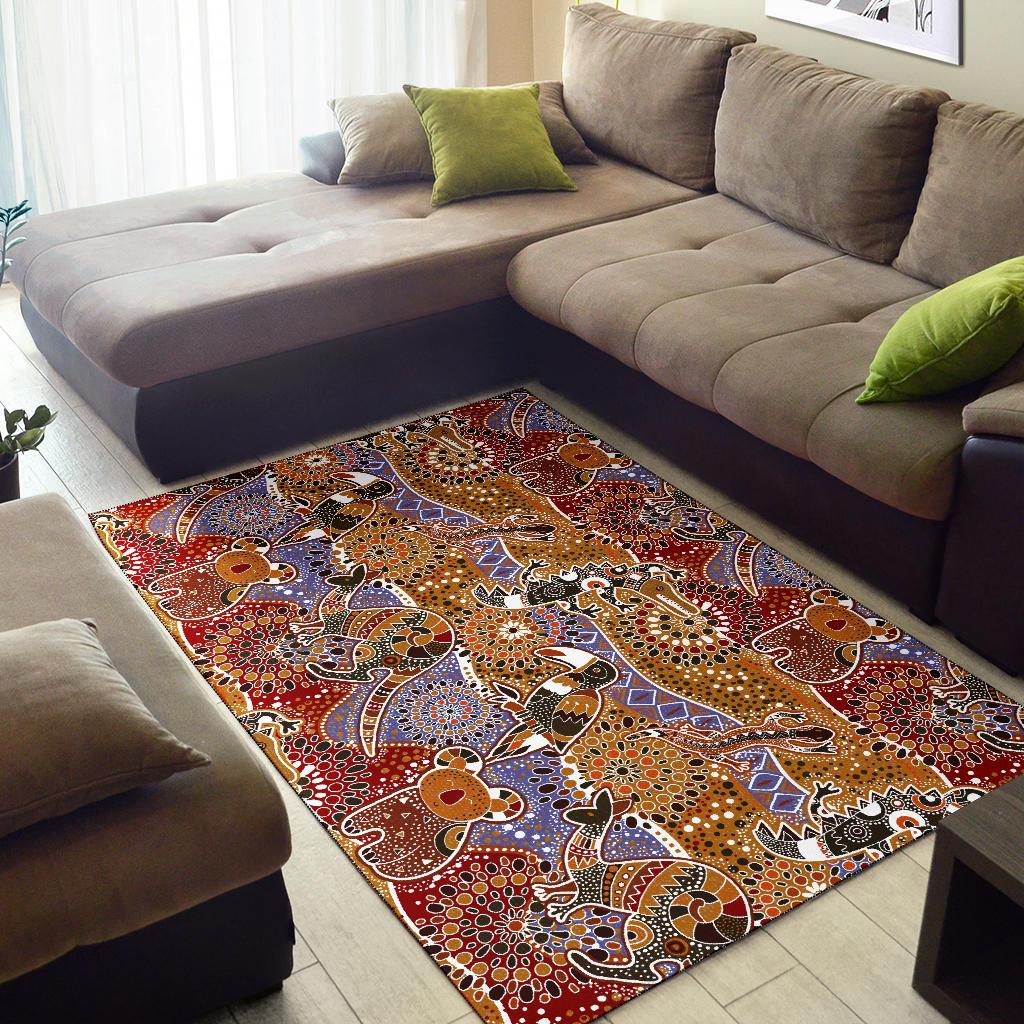 Area Rug - Aboriginal Patterns Rug Australian Animals - Vibe Hoodie Shop