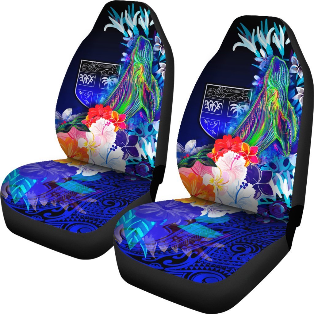 Fiji Car Seat Covers - Humpback Whale with Tropical Flowers (Blue) - Vibe Hoodie Shop