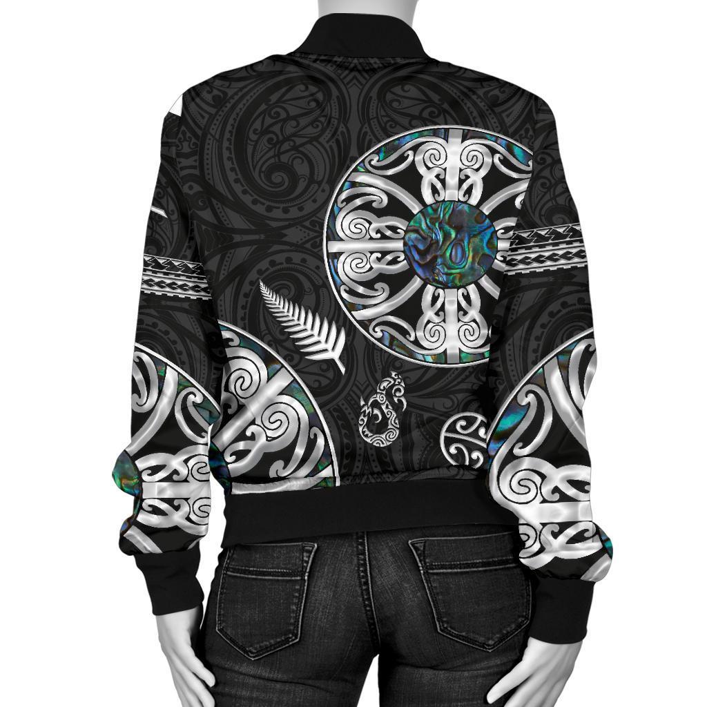 New Zealand Aotearoa Women Bomber Jacket, Maori Mangopare Paua Shell - Vibe Hoodie Shop