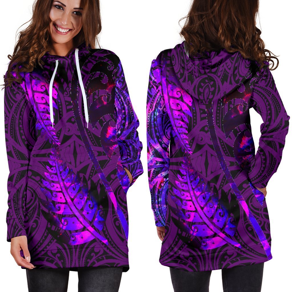 Aotearoa Maori Women Hoodie Dress Silver Fern Koru Vibes Purple - Vibe Hoodie Shop