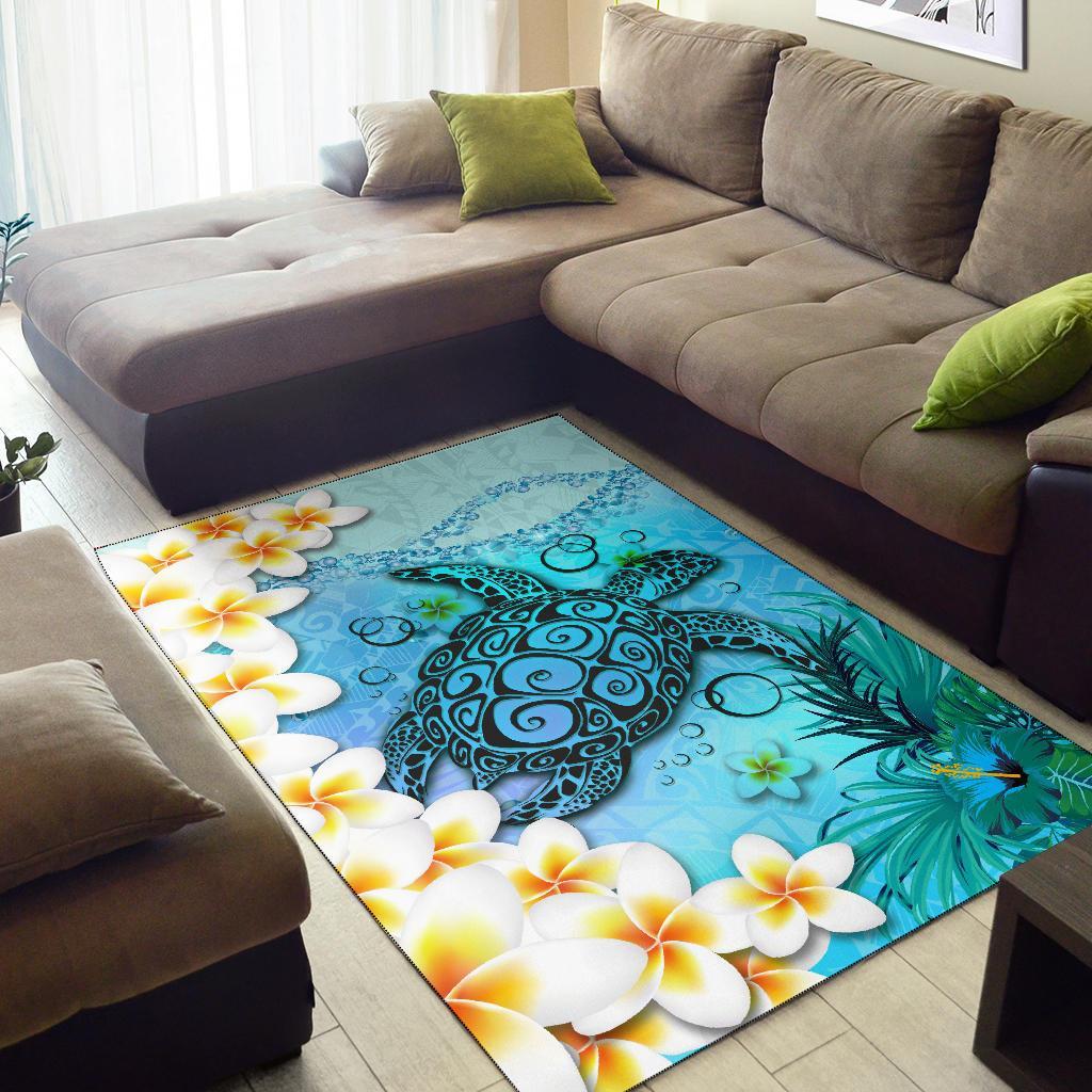 Polynesian Turtle Area Rug, Plumeria with Hibiscus - Vibe Hoodie Shop