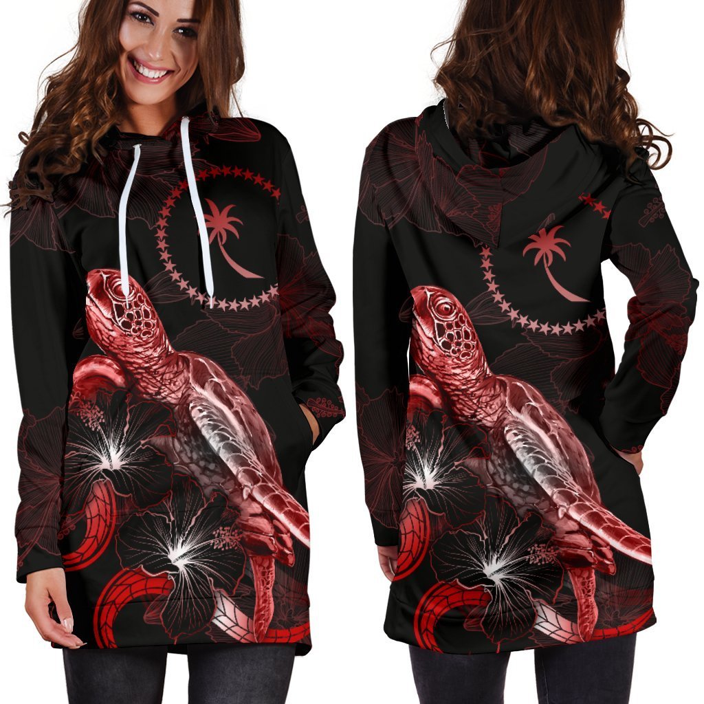 Chuuk Polynesian Hoodie Dress - Turtle With Blooming Hibiscus Red - Vibe Hoodie Shop