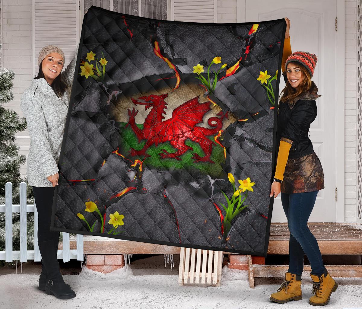 Wales Premium Quilt - Welsh Dragon Daffodil Lava - Vibe Hoodie Shop