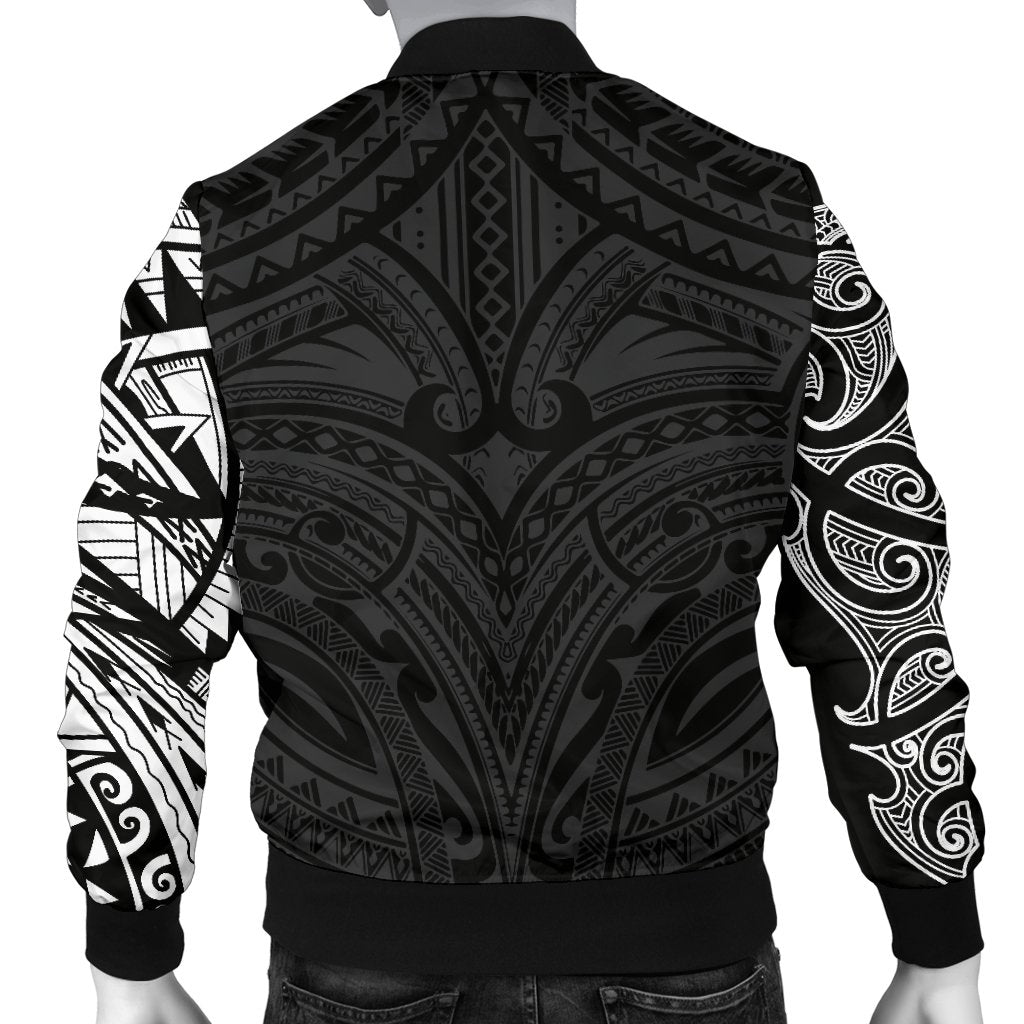 New Zealand Men's Bomber Jacket, Maori Polynesian Tattoo White - Vibe Hoodie Shop