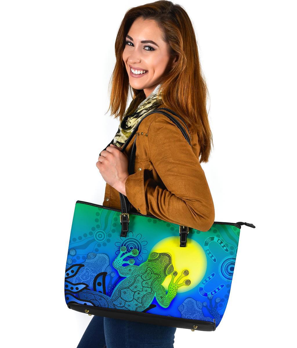 aboriginal-leather-tote-bag-indigenous-frog-blue