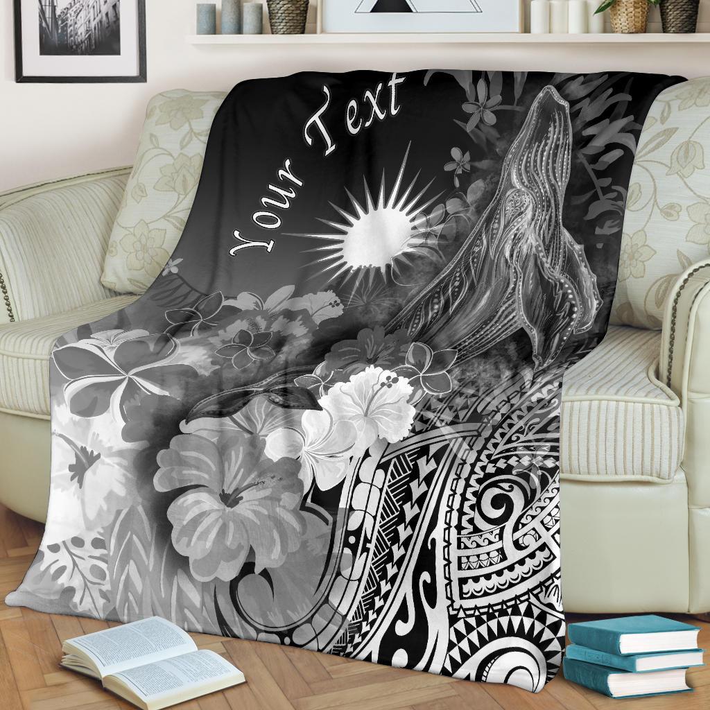 Marshall Islands Custom Personalised Premium Blanket - Humpback Whale with Tropical Flowers (White) - Vibe Hoodie Shop