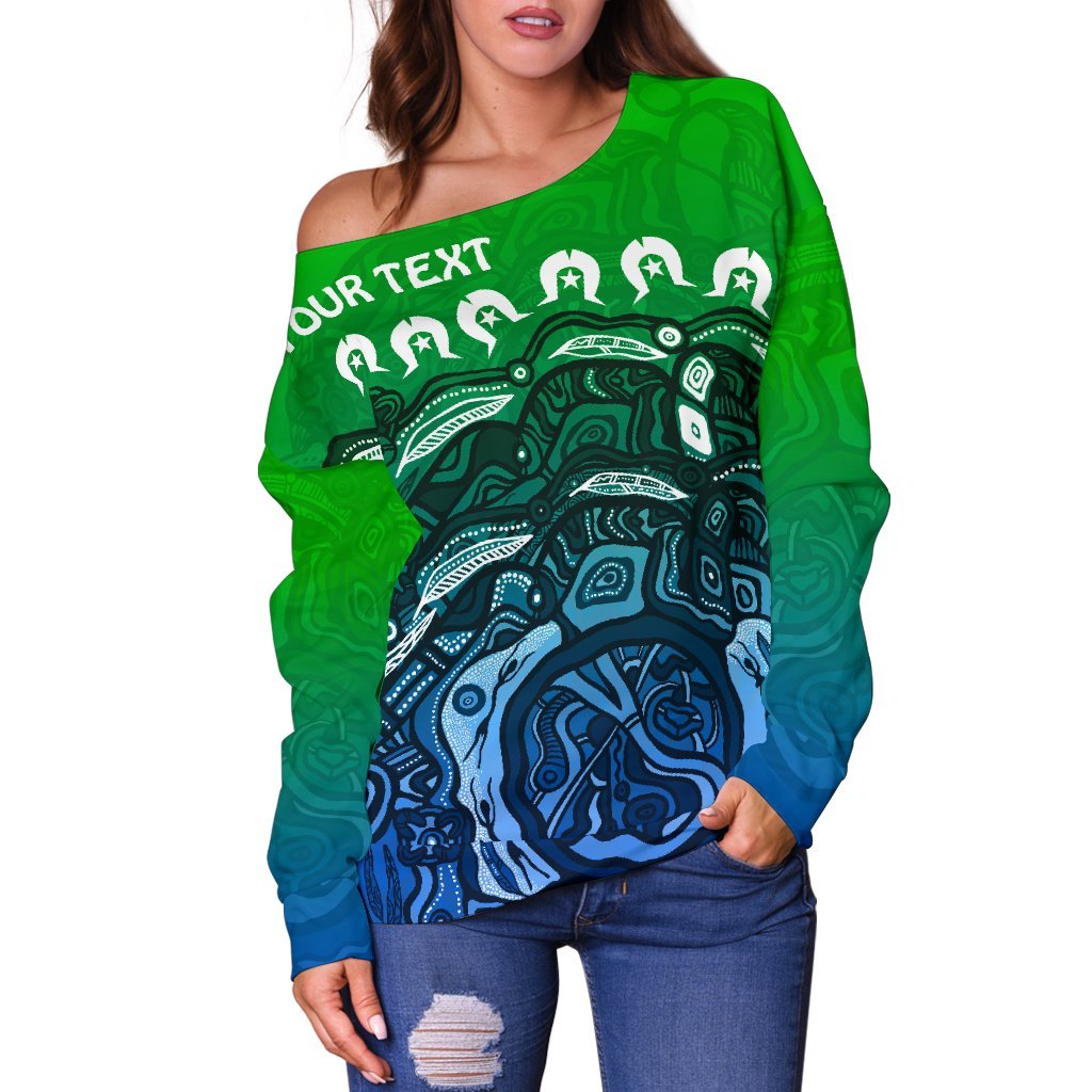 Custom Torres Strait Islands Off Shoulder Sweater - Blue - Vibe Hoodie Shop
