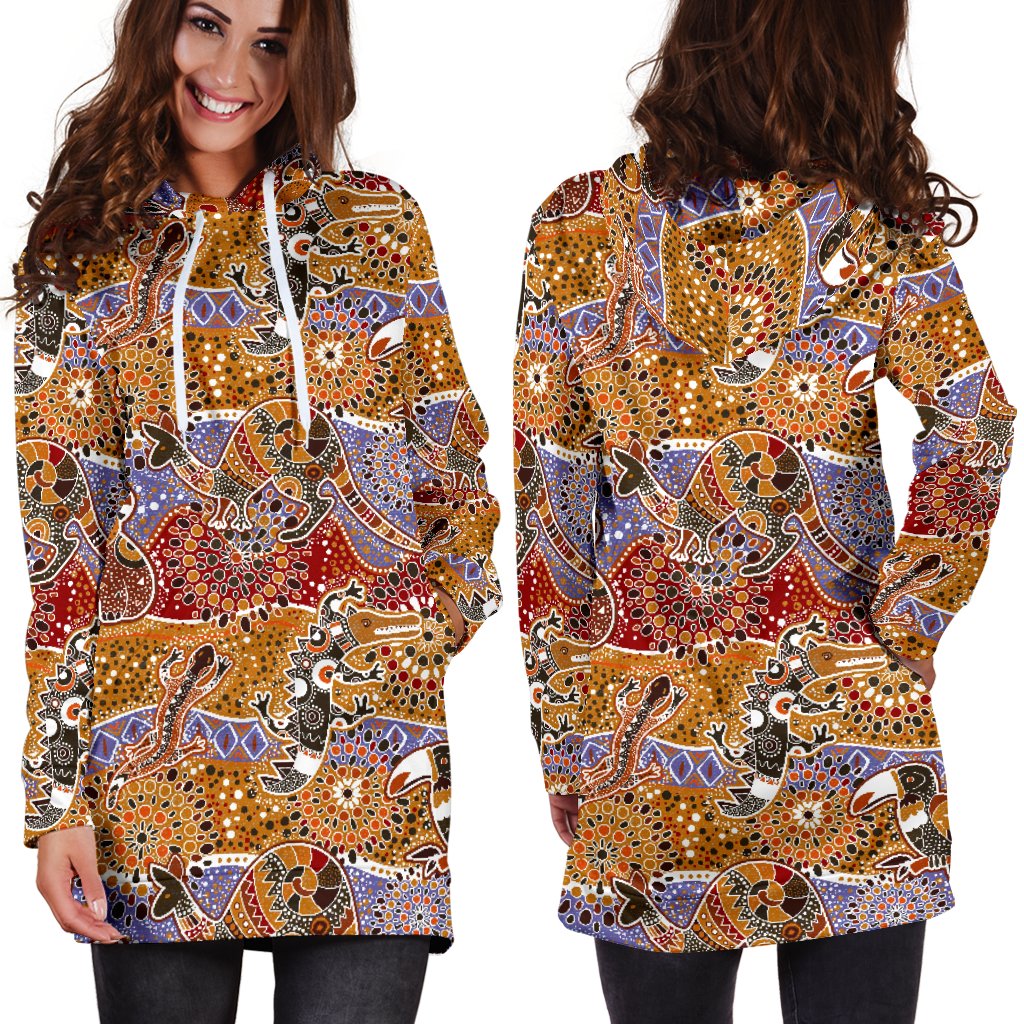 Aboriginal Hoodie Dress, Koala Kangaroo Patterns Australian Animals - Vibe Hoodie Shop