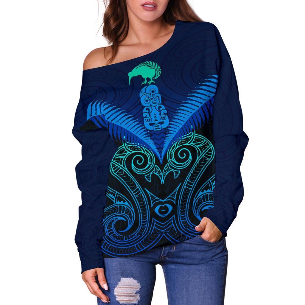 Maori Manaia New Zealand Off Shoulder Sweater Blue - Vibe Hoodie Shop