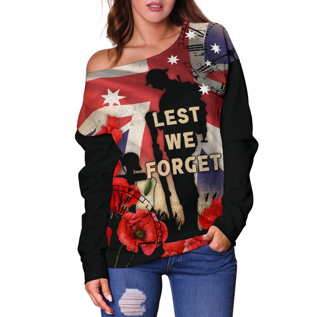 ANZAC Women's Off Shoulder Sweater - A Day We Will Never Forget - Vibe Hoodie Shop