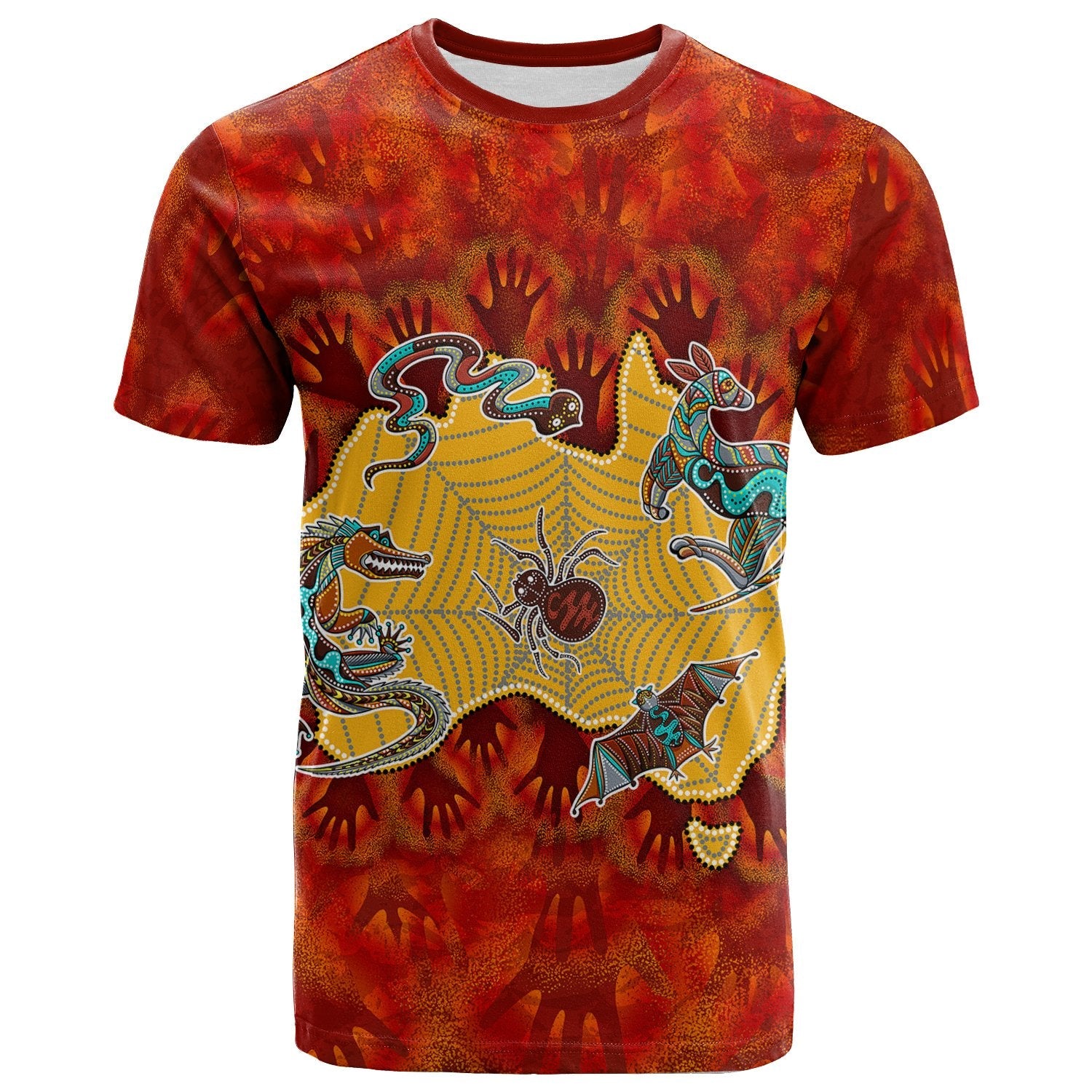 Aboriginal T shirts - Australia Map Hand Patterns Spider Web - Vibe Hoodie Shop