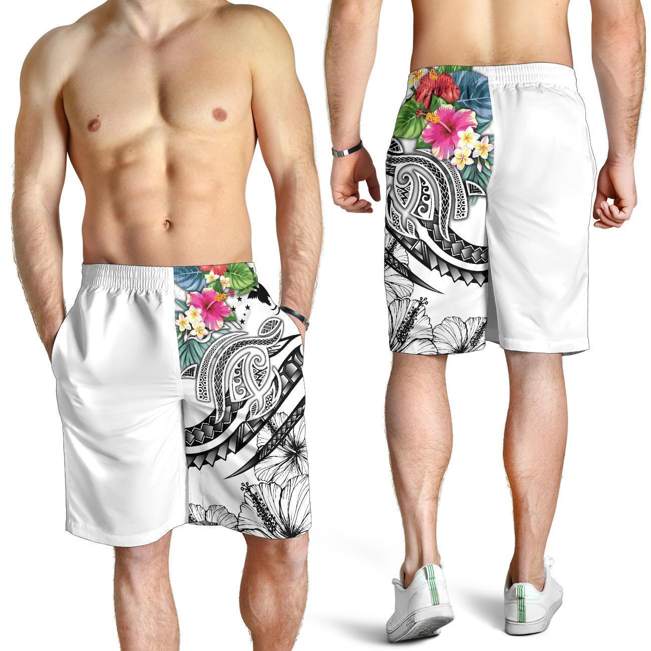 Papua New Guinea Polynesian Men's Shorts - Summer Plumeria (White) - Vibe Hoodie Shop