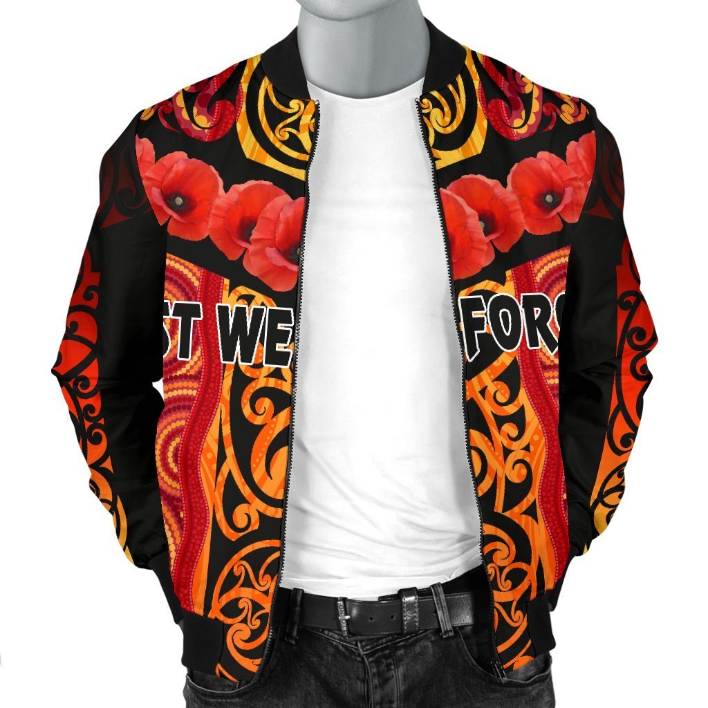 ANZAC Lest We Forget Poppy Men Bomber Jacket New Zealand Maori Silver Fern - Australia Aboriginal - Vibe Hoodie Shop