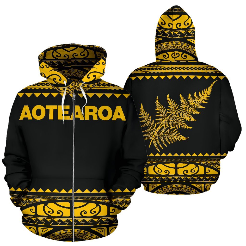 New Zealand Maori Zip Up Hoodie, Aotearoa Silver Fern Zipper Hoodie - Yellow - Vibe Hoodie Shop